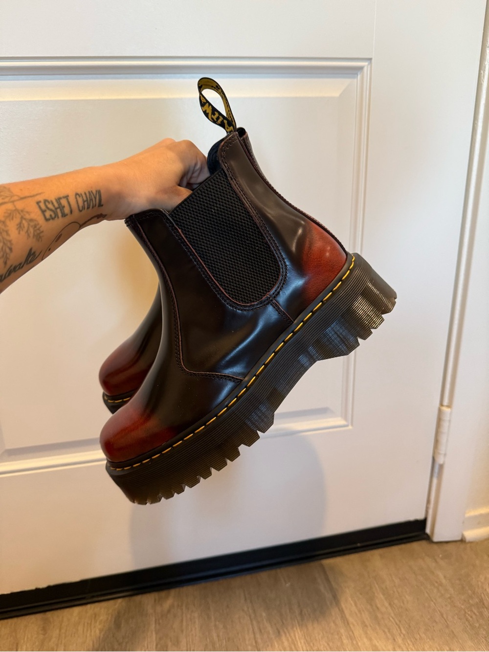Leather 2976 Quad Chelsea Platform Boots in Black and cherry red NWOT